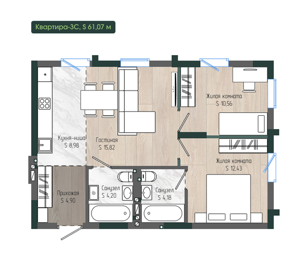Планировка 3-комн 61,07 м²
