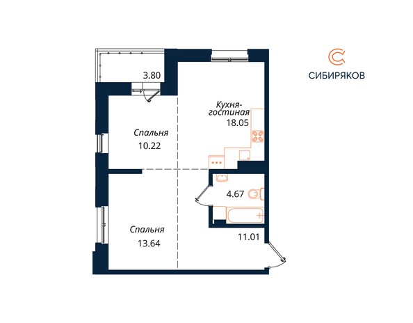 Планировка 2-комн 61,39 м²