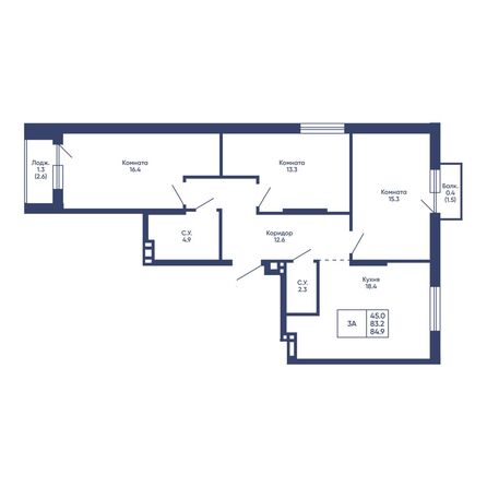 Планировка 3-комн 84 - 84,9 м²