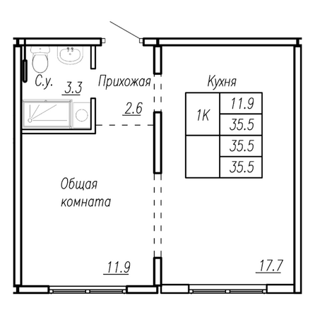 Планировка 1-комн 35,5 м²