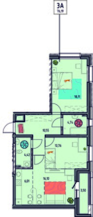 Планировка 3-комн 76,04, 76,19 м²