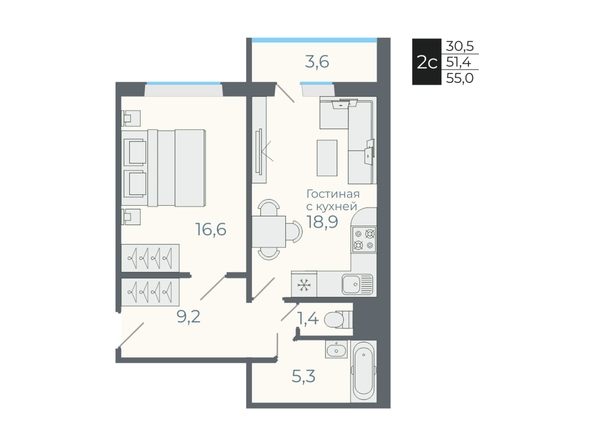 Планировка 2-комн 51,4, 55 м²