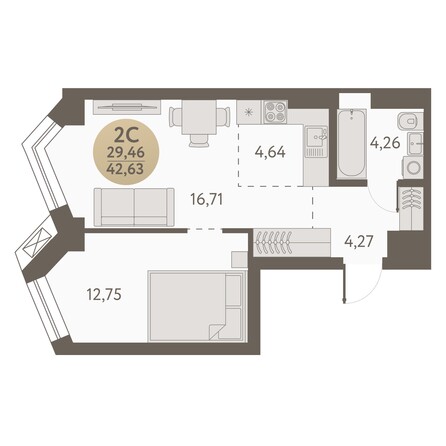 Планировка 2-комн 42,63 м²