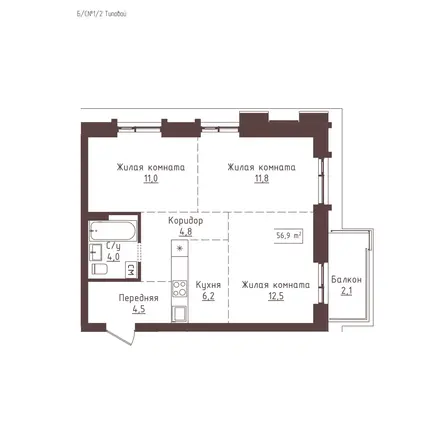 Планировка 3-комн 56,9 м²