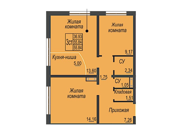 Планировка 2-комн 55,84 м²