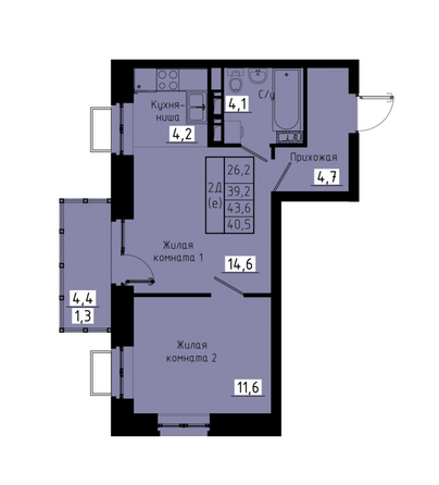 Планировка 2-комн 40,5 м²