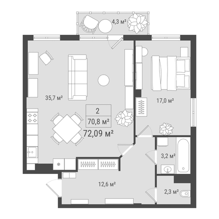 Планировка 2-комн 72,09 м²