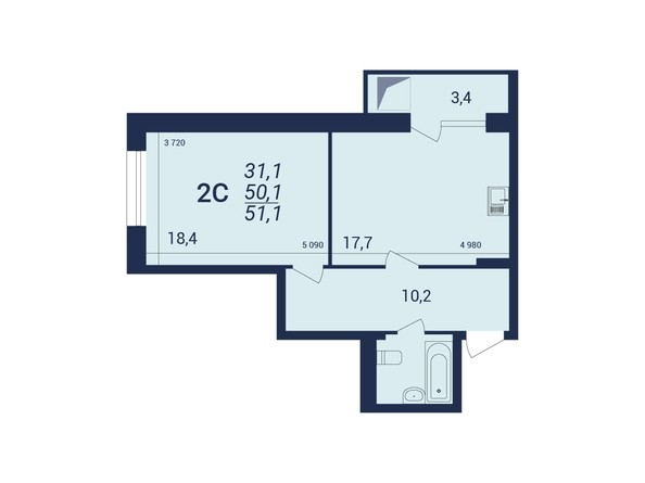 Планировка 2-комнатной квартиры 51,1 кв.м
