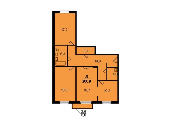 3-комнатная 97,9 кв.м. 2 секция