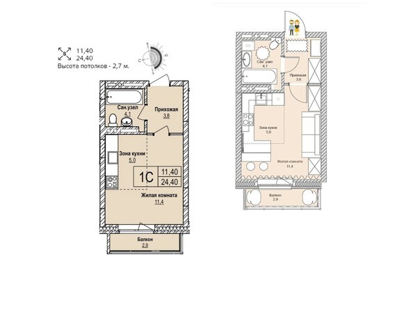 Планировка однокомнатной квартиры 24,4 кв.м