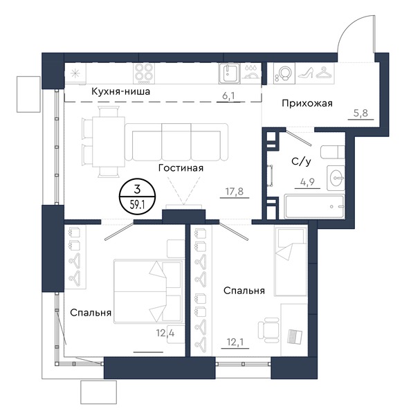 Планировка 3-комн 59,1 м²