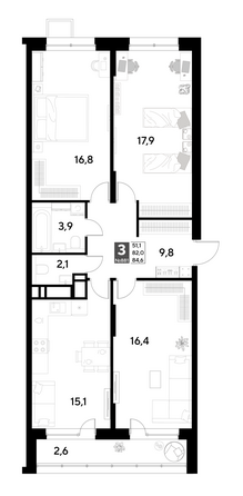 Планировка 3-комн 84,6, 86,5 м²