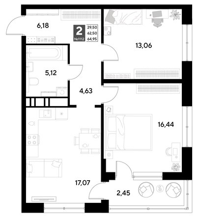 Планировка 2-комн 64,95 м²