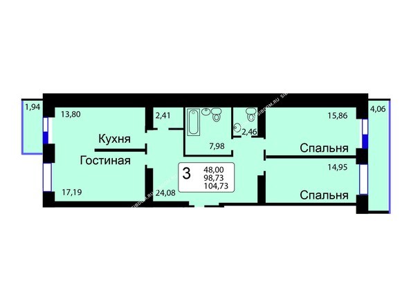 Б/С - 12. Планировка трехкомнатной квартиры 104,73 кв.м. Этажи 1-9.