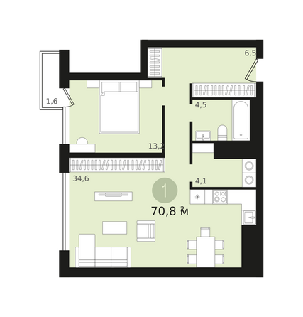 Планировка 1-комн 70,84 м²