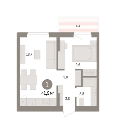 Планировка 1-комн 41,91 м²