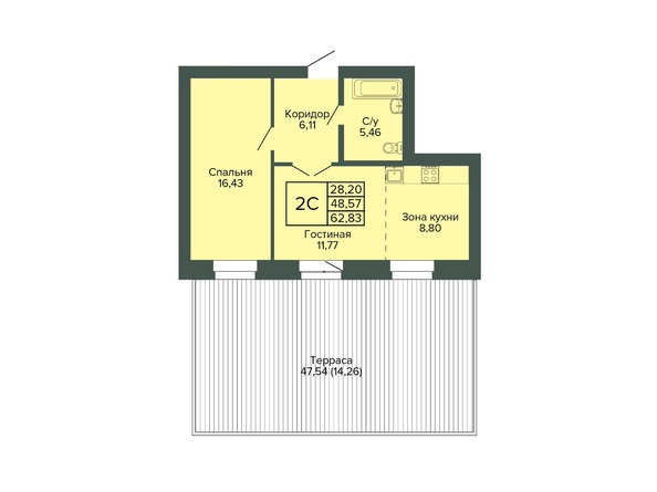 Планировка 2-комн 62,83 м²