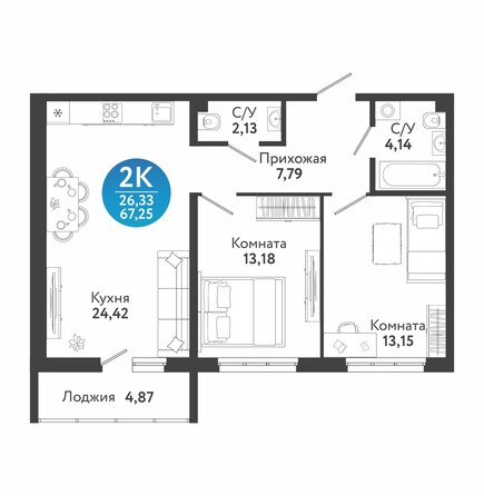 Планировка 2-комн 67,25, 67,3 м²