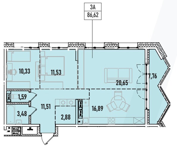 Планировка 3-комн 86,62 м²