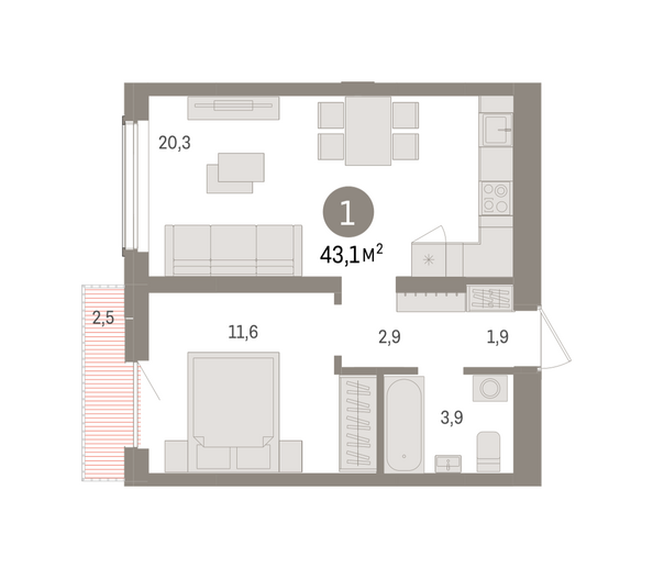 Планировка 1-комн 43,11, 43,16 м²