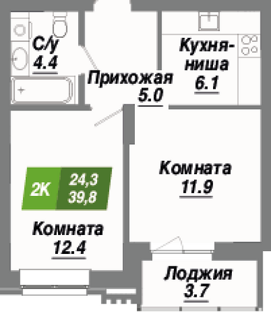 Планировка 2-комн 39,8 м²