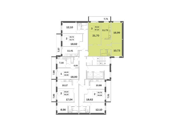 Планировка трёхкомнатной квартиры 87,23 кв.м