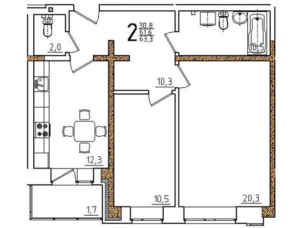 Планировка двухкомнатной квартиры 63,3 кв.м