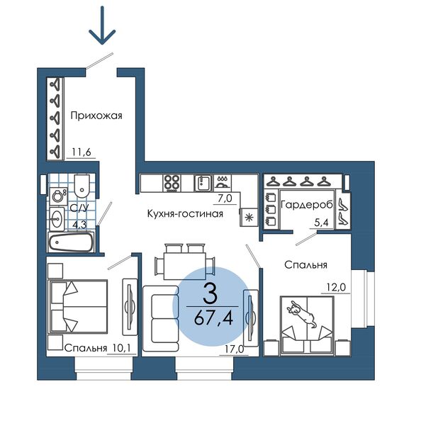 Планировка 3-комн 67,4 м²