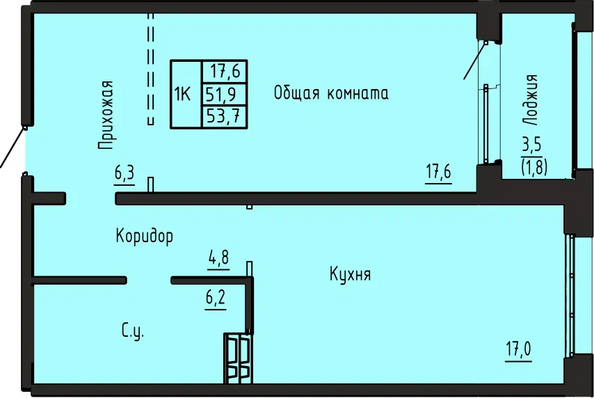 Планировка 1-комн 53,7 м²