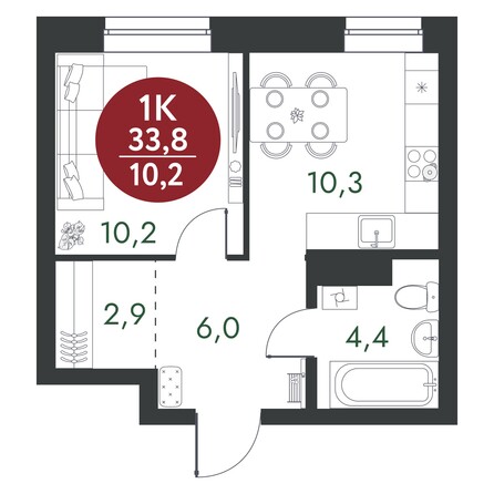 Планировка 1-комн 33,8 м²