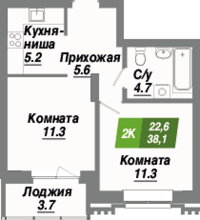 Планировка 2-комн 38,1 - 38,5 м²