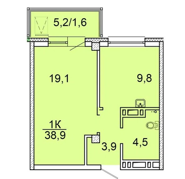 Планировка 1-комн 38,4 - 38,9 м²