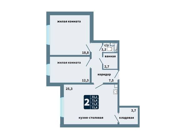 Планировка 2-комн 71,4 м²