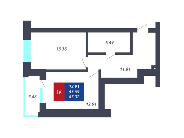 Планировка 1-комнатной квартиры 43,59 кв.м