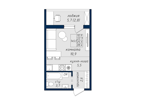 Планировка Студия 25,5, 28,4 м²
