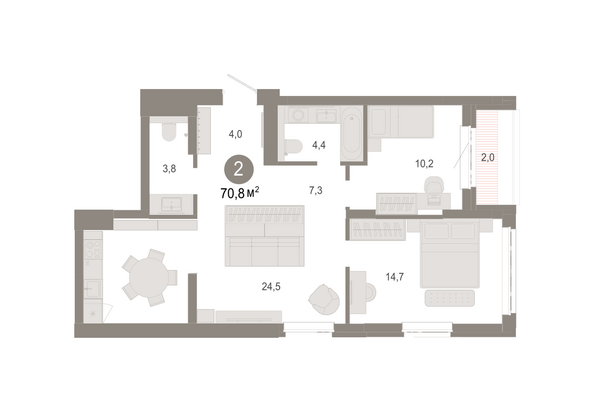 Планировка 2-комн 70,76 - 71,96 м²