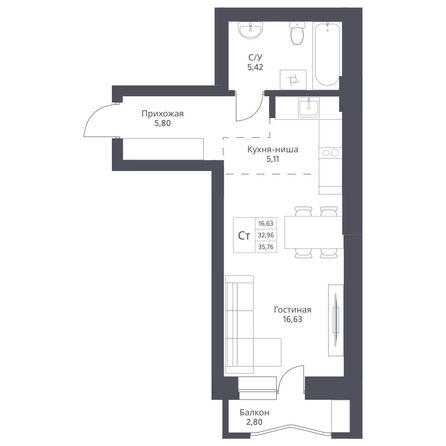 Планировка Студия 35,76, 36,02 м²