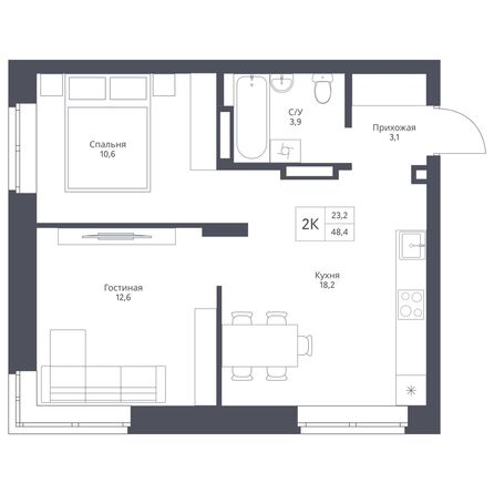 Планировка 2-комн 50,98 м²