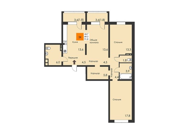 Планировка 3-комнатной квартиры 91,8 кв.м