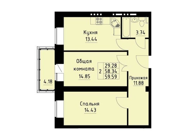 Планировка двухкомнатной квартиры 59,59 кв.м
