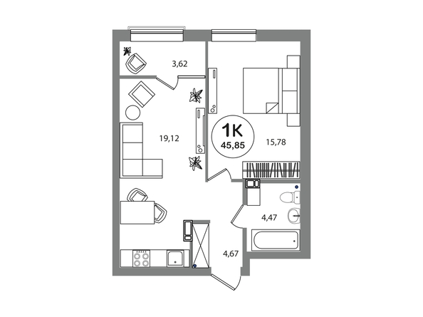 Планировка 1-комн 45,85 м²