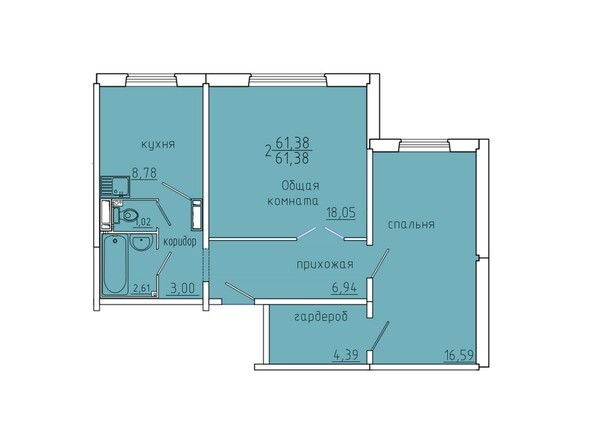 Планировка двухкомнатной квартиры 61,38 кв.м