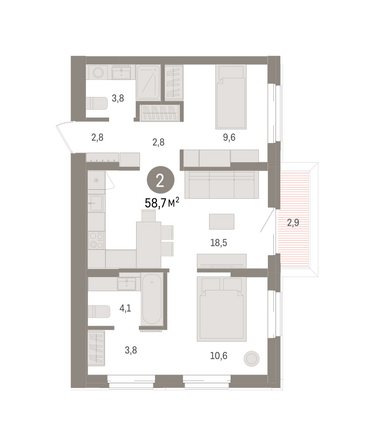 Планировка 2-комн 58,74, 60,18 м²