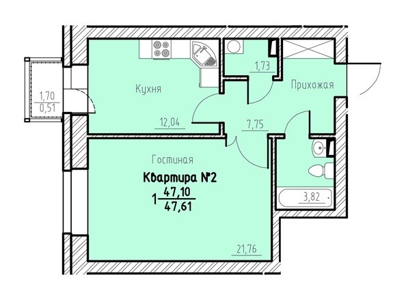 Планировка однокомнатной квартиры 47,61 кв.м