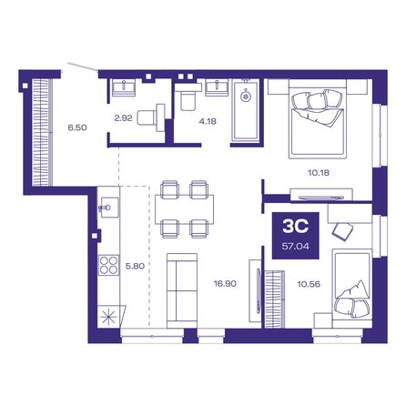 Планировка 3-комн 57,04 м²