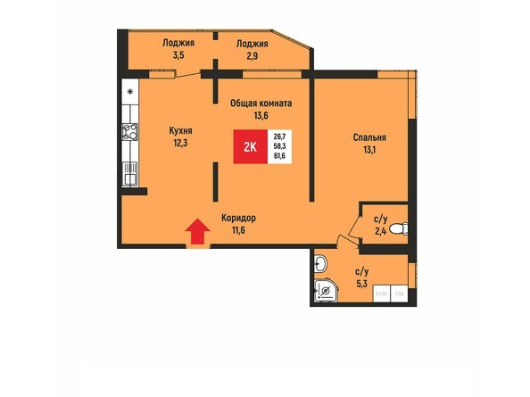 Планировка двухкомнатной квартиры 61,6 кв.м