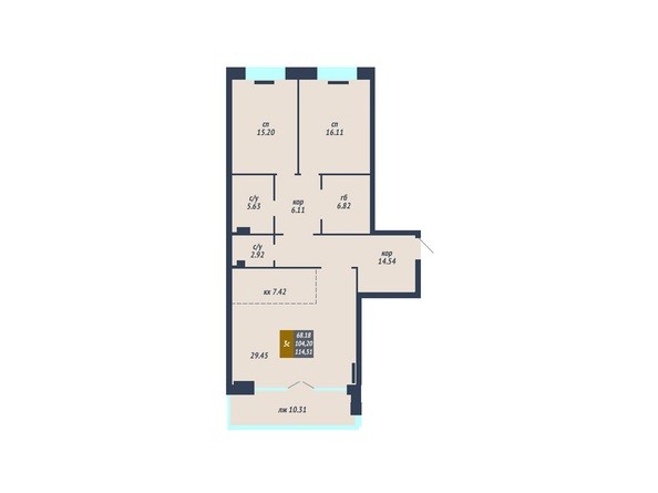 Планировка 3-комнатной квартиры 104,2 кв.м