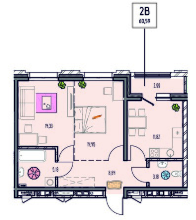 Планировка 2-комн 60,59 м²