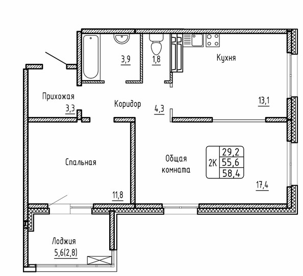 Планировка 2-комн 58,5 м²