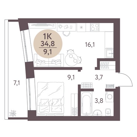 Планировка 1-комн 34,8 м²